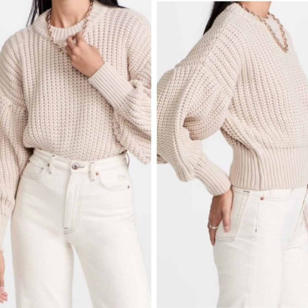 En Saison Balloon Sleeve Pullover sweater cream tan chunky knit women's medium M